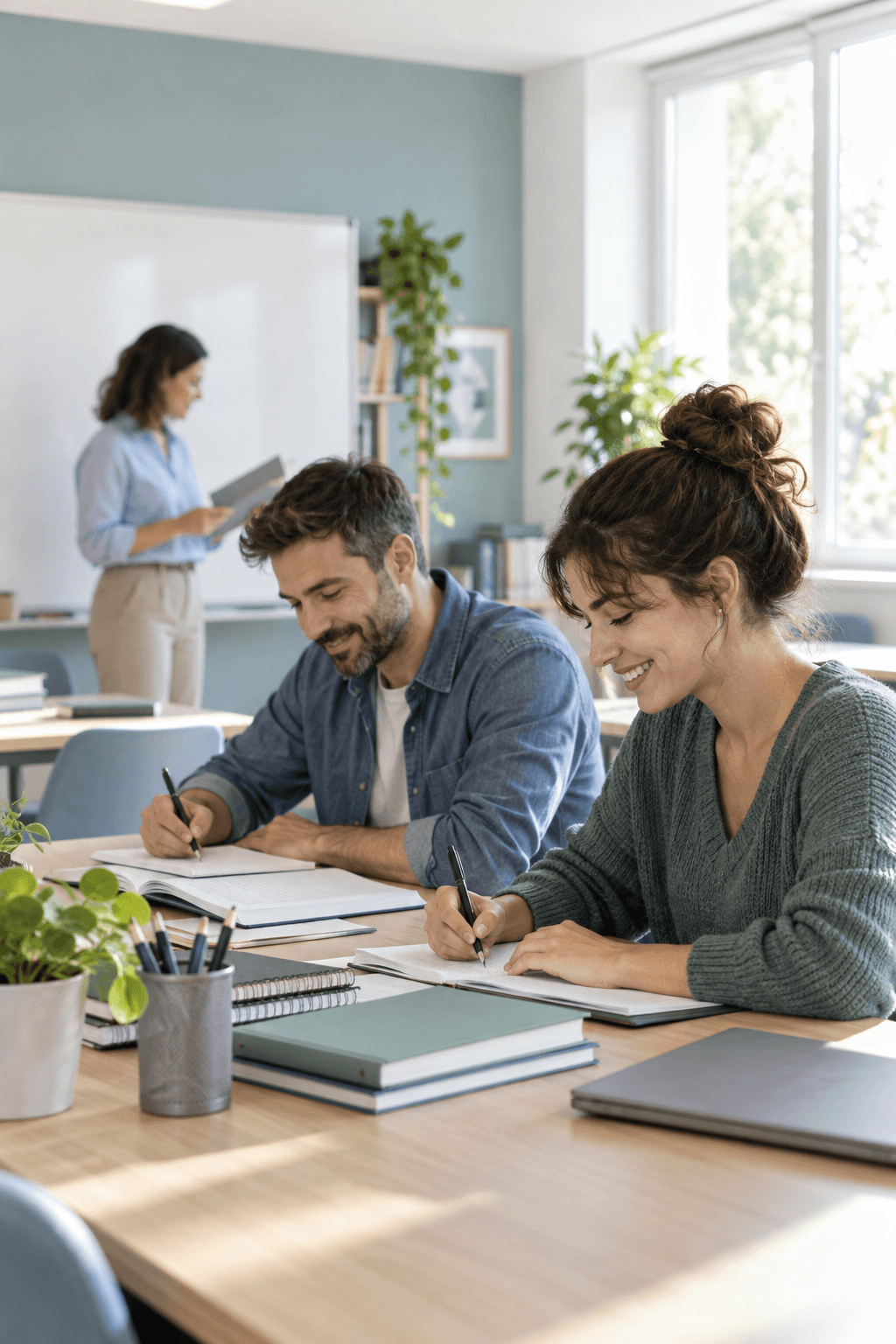 Personas adultas aprendiendo en una academia luminosa